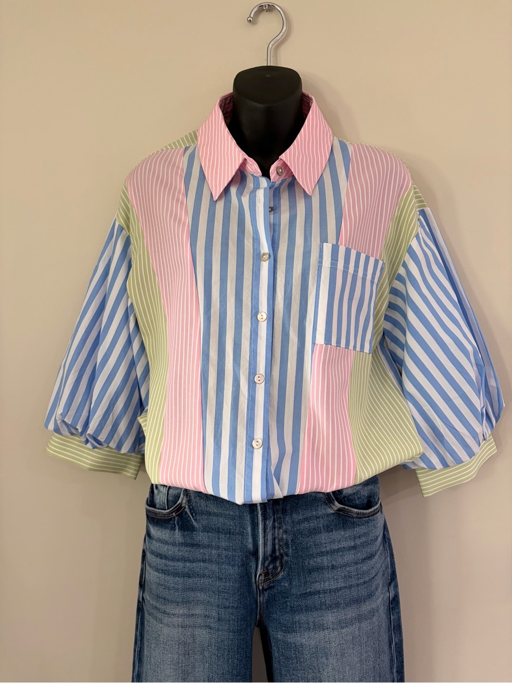 JODIFL Pastel Striped Button-Down Shirt - Pink, Blue & Green by Jodifl designer